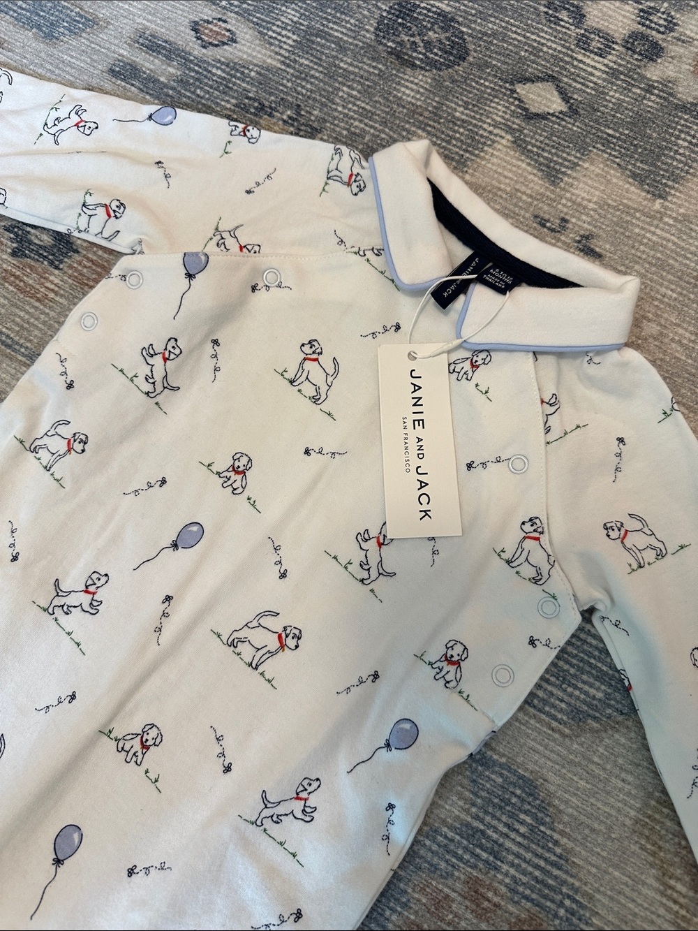 Janie and Jack White Polo Romper with Puppy & Balloon Print